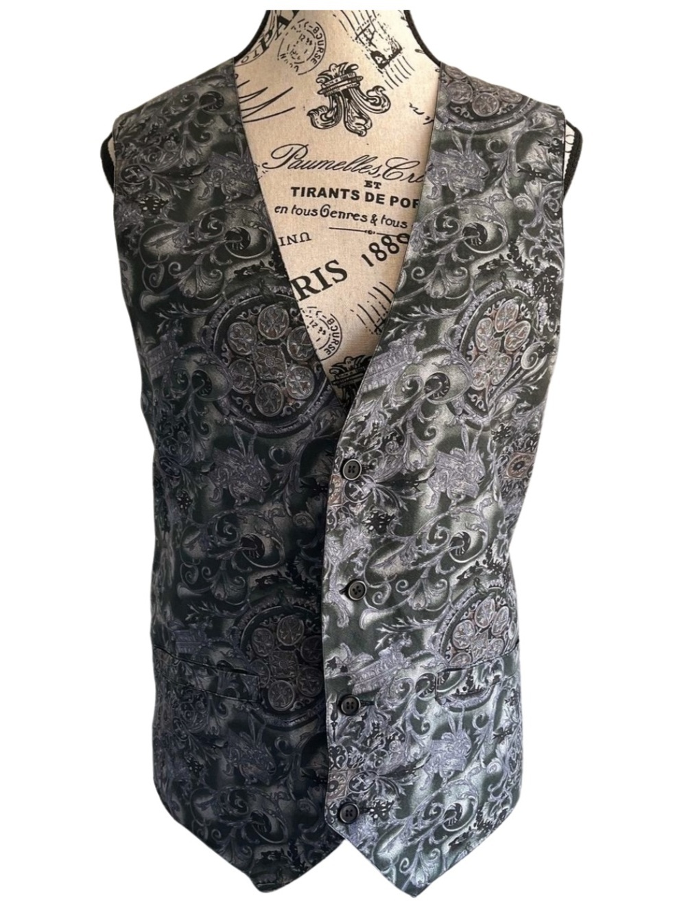 Vintage Silk Black Grey Baroque Vest Waistcoat Gothic Steampunk Dark Academia